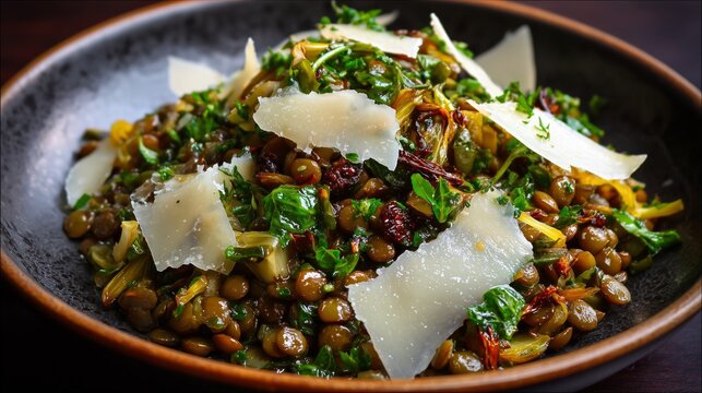 lentil salad with roasted leeks and parmesan shavings rustic bowl