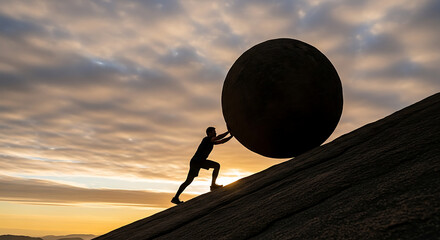 A solitary figure struggles to push a massive boulder uphill against a sunset