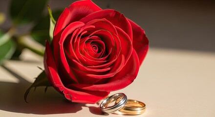 Close up of a blooming red rose with wedding rings soft focus romantic feel