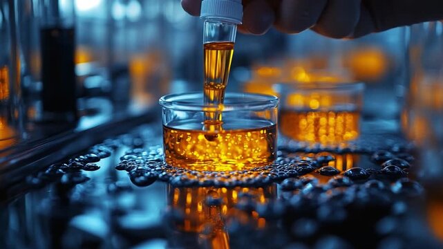 Golden Droplet of Discovery: A close-up shot of a meticulous hand delicately adding a golden liquid to a beaker within a laboratory, symbolizing scientific exploration. 