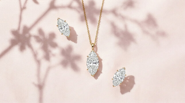 Marquise diamond jewelry set on pink background with floral shadows