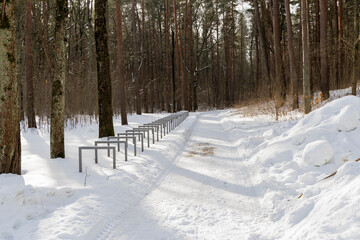 Bicycle Parking Racks on Snowy Forest Path