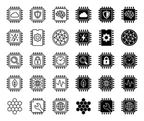 Obraz premium Modern microprocessor icon set featuring hybrid conceptual symbols for cloud computing security artificial intelligence and global connectivity