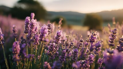 Obraz premium Close-up lavender flowers in warm light for banner background