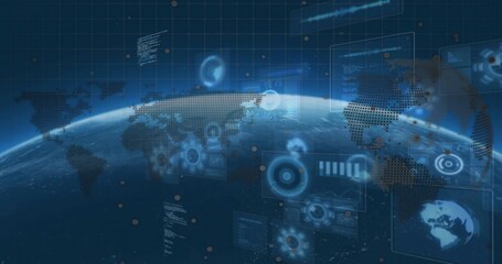 Fototapeta premium Displaying curved Earth showing translucent HUD overlays in low-Earth orbit, with radar, map, code