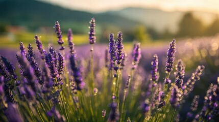 Obraz premium Sunlit lavender field close-up for banner design