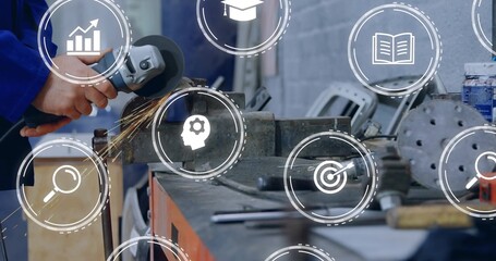 Grinding blue-jacketed worker's hands using angle grinder at workbench, with vise, sparks, UI icons