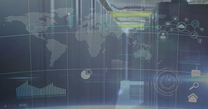 Projecting digital overlay over datacenter aisle, displaying map, charts, server racks, LEDs