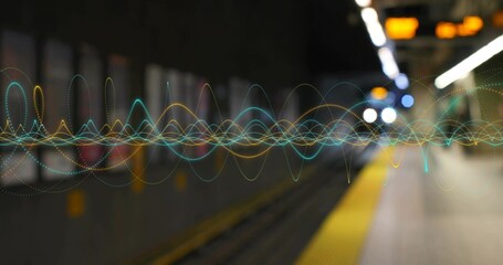 Floating colorful waveform flowing over subway platform with train tracks, yellow strip, lights