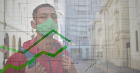 Standing Indian in red hoodie holding backpack on narrow street, with green mask and data graphs © vectorfusionart