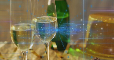 Sparkling clear stemmed glass catching warm light at dining table, with green bottle, gold box, HUD