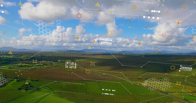 Displaying aerial rural landscape over rolling farmland, showing fields and hedges with HUD overlay