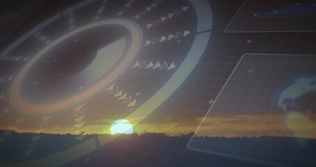 Fototapeta premium Overlaying translucent HUD ring merging with sun disk over hill ridge at sunset, showing grid