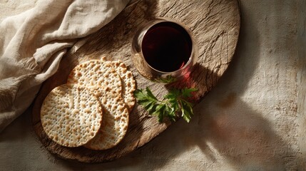 Traditional Passover imagery: matzah rounds and wine on a textured wooden board
