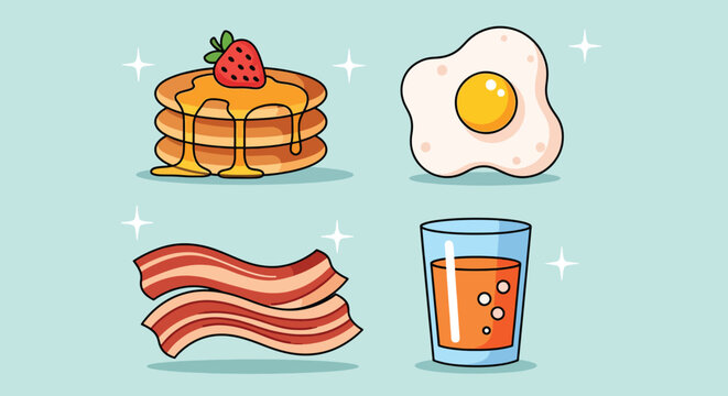 Breakfast Food Set with Pancakes Fried Egg Bacon and Orange Juice.