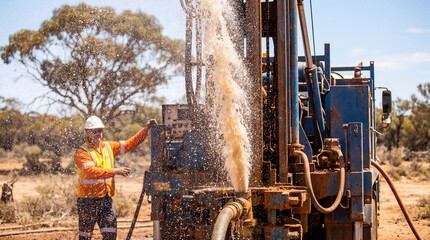 A worker in highvisibility clothing operating a water well drilling rig in a dry arid landscape