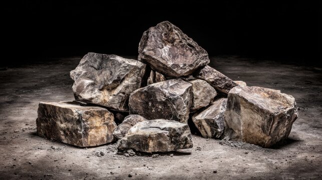 A pile of rough volcanic rock fragments with textured surfaces on the ground