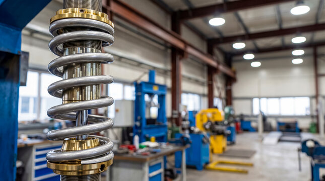 Closeup of a heavy duty metal spring mechanism in a busy industrial manufacturing workshop environment