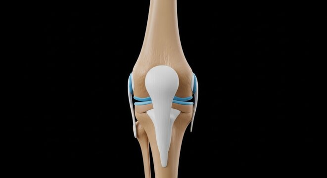 Human Knee Joint Anatomy Illustration with Ligaments and Patella on Black for Medical Education and Orthopedic Health Concepts