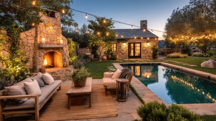 Obraz premium Elegant Outdoor Living Space by Poolside Garden and Fireplace