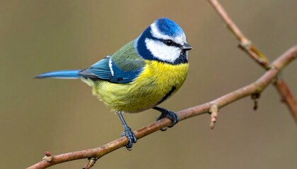 Naklejka premium Vibrant Blue Tit Perched on a Branch in Natural Light.