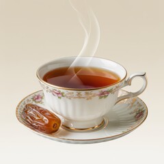 Steaming cup of tea with cookie on saucer