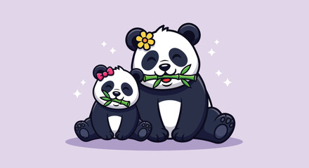 Naklejka premium Cute Mother and Baby Panda Eating Bamboo Together Vector Illustration.