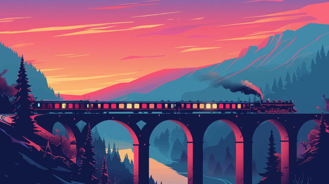 A vintage train travels across a stone arch bridge at sunset over forested valley and mountains