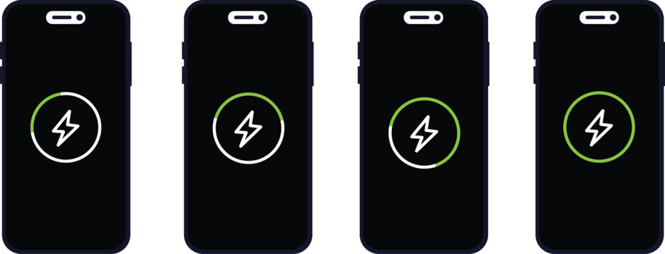 Mobile phone battery charging status icons showing various power levels from low to full isolated flat design vector