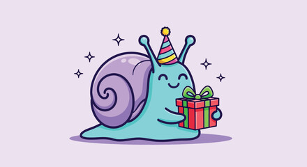 Cute Snail Celebrating Birthday with Gift Box. © NFS Studio