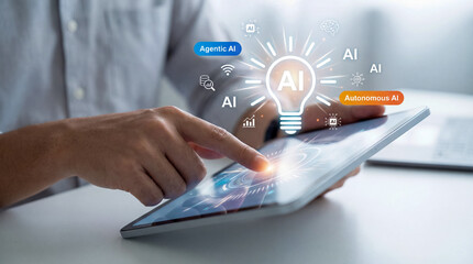 Person using tablet with artificial intelligence interface and various AI related icons displayed on the screen
