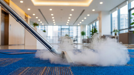 Professional steam cleaning of a blue carpet in a modern office lobby with large windows