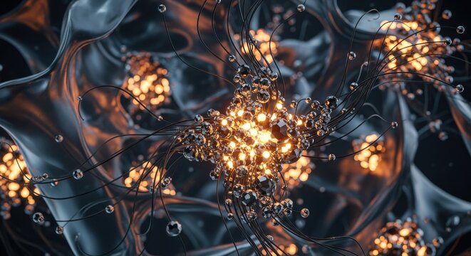 Abstract Glowing Particles Forming a Neural Network Amidst Sleek Dark Waves, Representing Cutting-Edge AI Technology and Luxurious Digital Connections