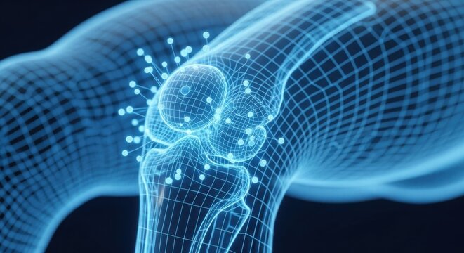 Digital Human Knee Joint with Connected Nodes Illustrating Innovative Medical Treatment and Biotechnology for Pain Relief and Regeneration