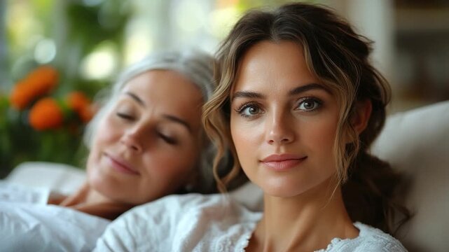 Intimate Bonds: A portrait of two women, one with radiant youth, and the other, etched by wisdom, share a serene moment, expressing a deep familial connection.