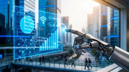 Robotic hand pointing at futuristic data visualization screen with charts and graphs in a modern cityscape