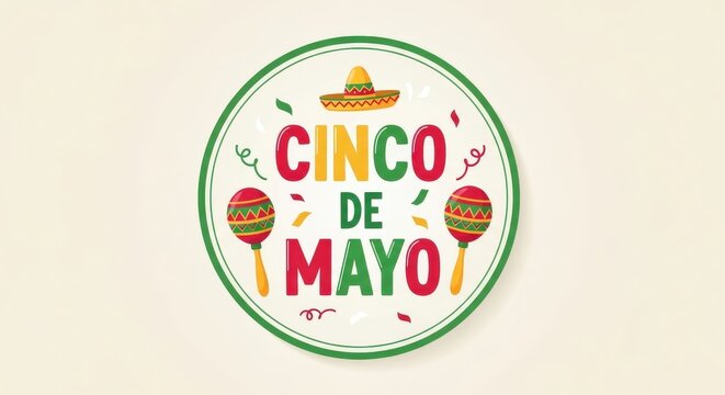 A colorful Cinco de Mayo logo with maracas and sombrero on a festive background