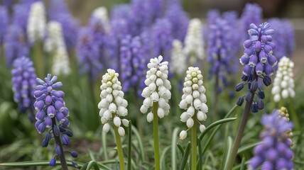 Obraz premium Cluster of delicate purple and white grape hyacinth muscari blooming in lush garden