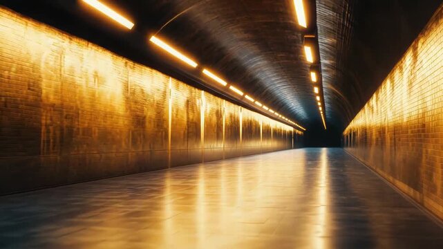 Long underground tunnel with glowing golden walls and ceiling lights creating a path into the distance, conveying concepts of journey, discovery, and the unknown