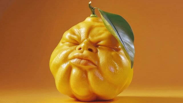 Anthropomorphic lemon character with grumpy human face opening eyes. Surreal citrus fruit animation on orange background. Lockdown shot.