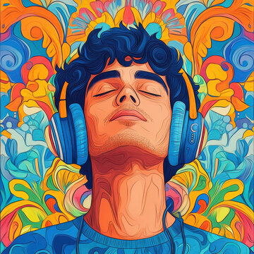 Bengali Patachitra illustration of Gen Z Indian man wearing wireless headphones