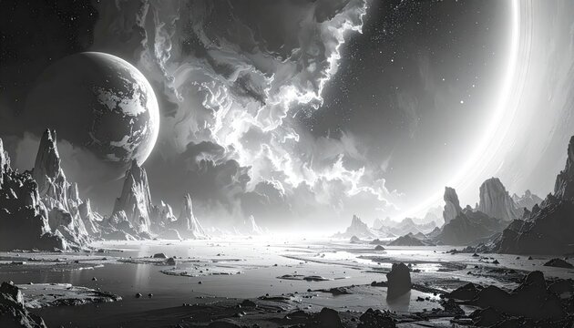 Exploring a distant planet with rocky terrain and a large moon in black and white during an unknown time in space