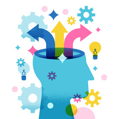 Head with multicolor growing arrows. Vector concept for personal growth, creative thinking, business success, innovation