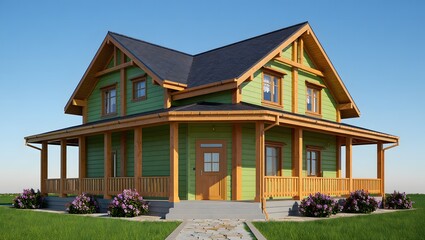 Fototapeta premium Charming two story green wooden house with a wraparound porch and dark roof