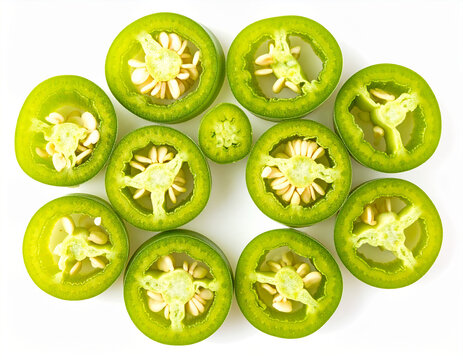 Green jalapeno peppers cut in half with seeds visible arranged in a circular pattern on transparent background