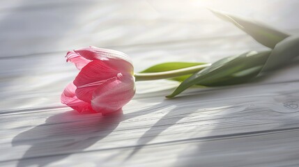 Delicate pink tulip gracefully resting on a rustic white wooden table illuminated by soft natural light.