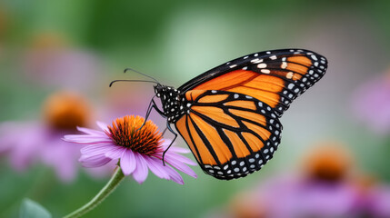 Monarch butterfly resting on purple coneflower in a vibrant garden scene