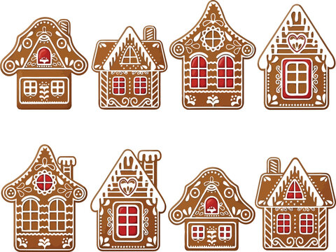 Decorated gingerbread houses vector set illustration.