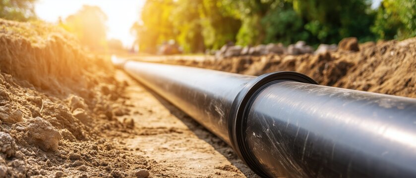 Underground heating pipeline installation in trench at construction site. District heating network, thermal energy distribution system and municipal utility infrastructure development