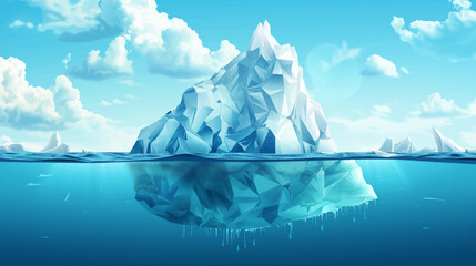 A stylized illustration depicting an iceberg, partially submerged, with a bright sky and fluffy clouds © wafa